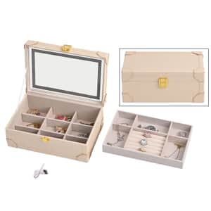 Cream Faux Leather USB Rechargeable Jewelry Box with LED Touch Mirror