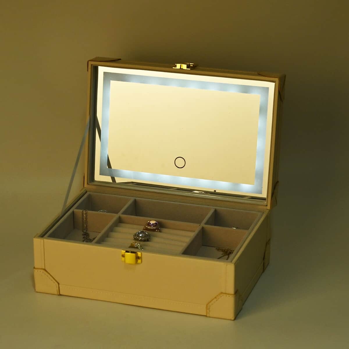Cream Faux Leather USB Rechargeable Jewelry Box with LED Touch Mirror image number 1