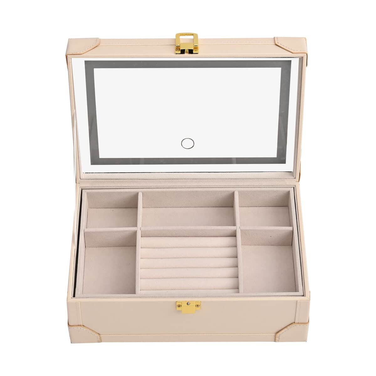 Cream Faux Leather USB Rechargeable Jewelry Box with LED Touch Mirror image number 4