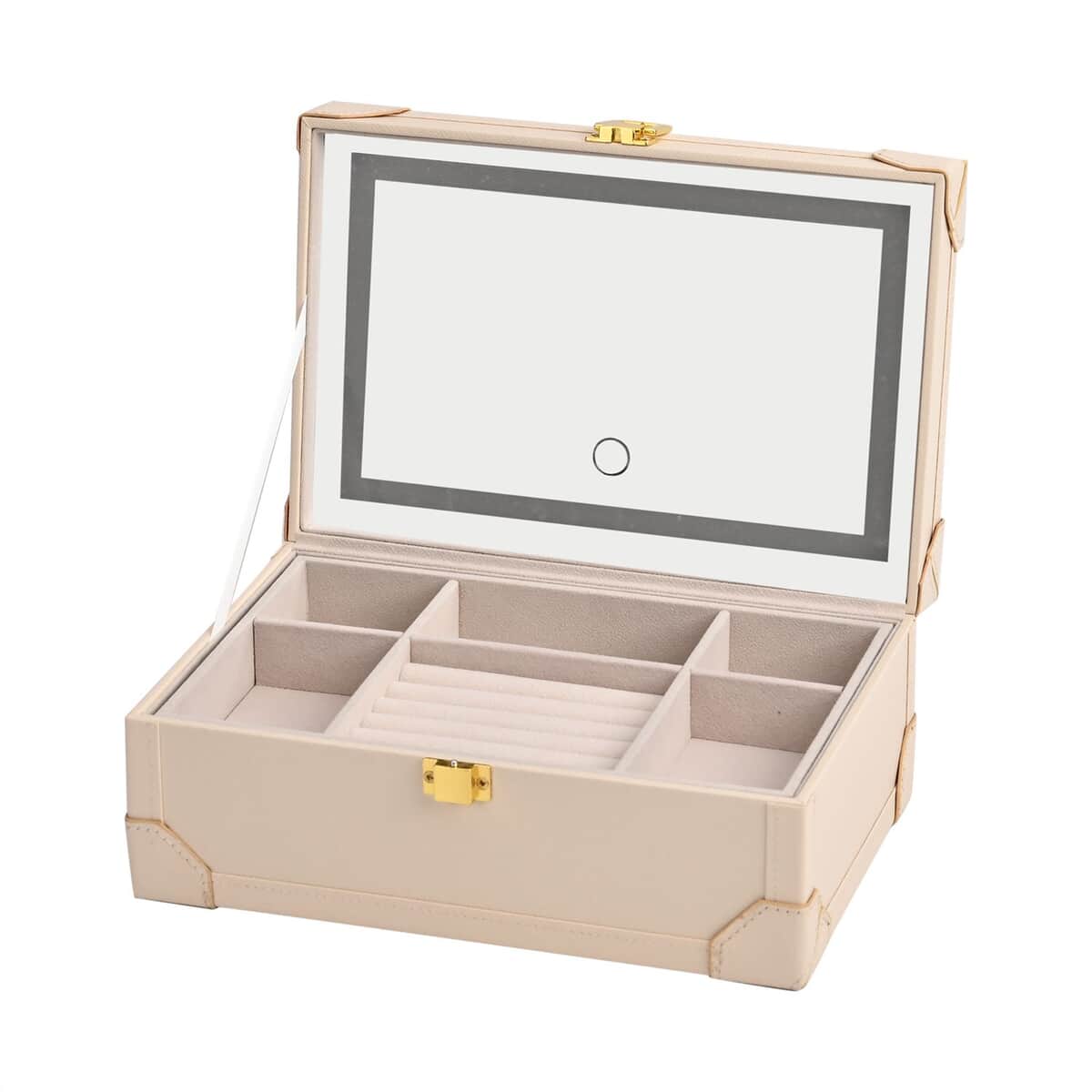 Cream Faux Leather USB Rechargeable Jewelry Box with LED Touch Mirror image number 6
