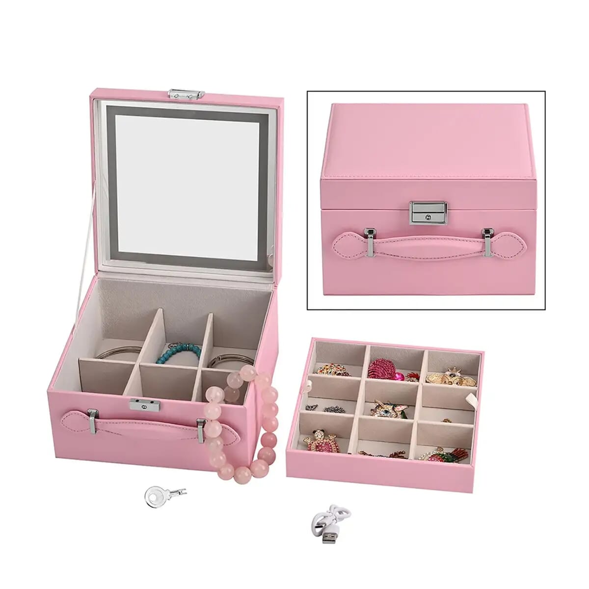 Pink Faux Leather USB Rechargeable 2 Layer Jewelry Box with LED Touch Mirror image number 0