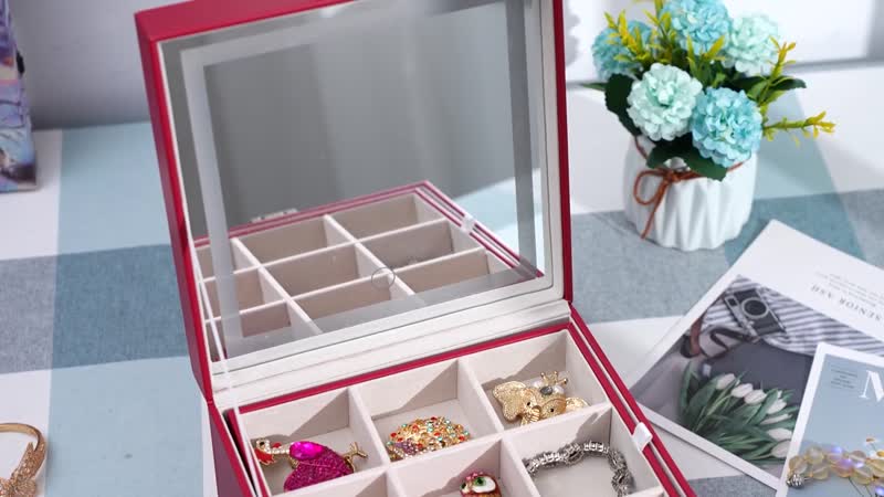 Pink Faux Leather USB Rechargeable 2 Layer Jewelry Box with LED Touch Mirror