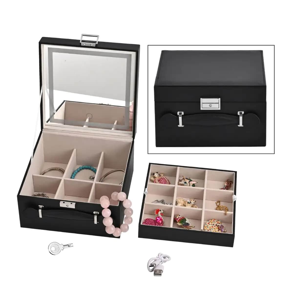 Black Faux Leather USB Rechargeable 2 Layer Jewelry Box with LED Touch Mirror image number 0