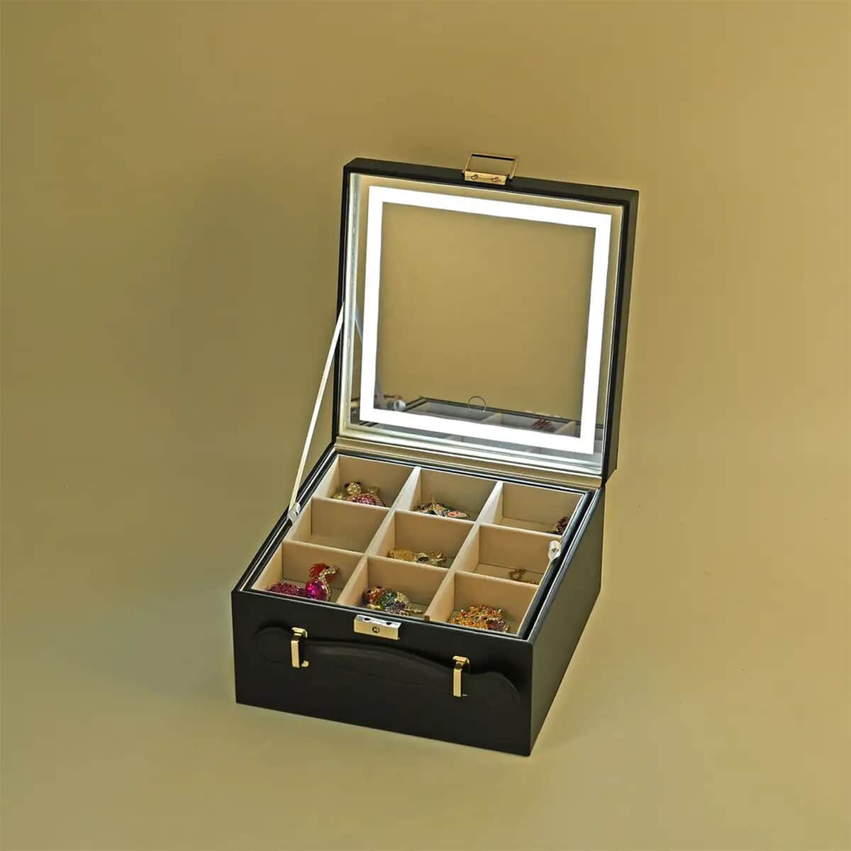 Black Faux Leather USB Rechargeable 2 Layer Jewelry Box with LED Touch Mirror image number 1