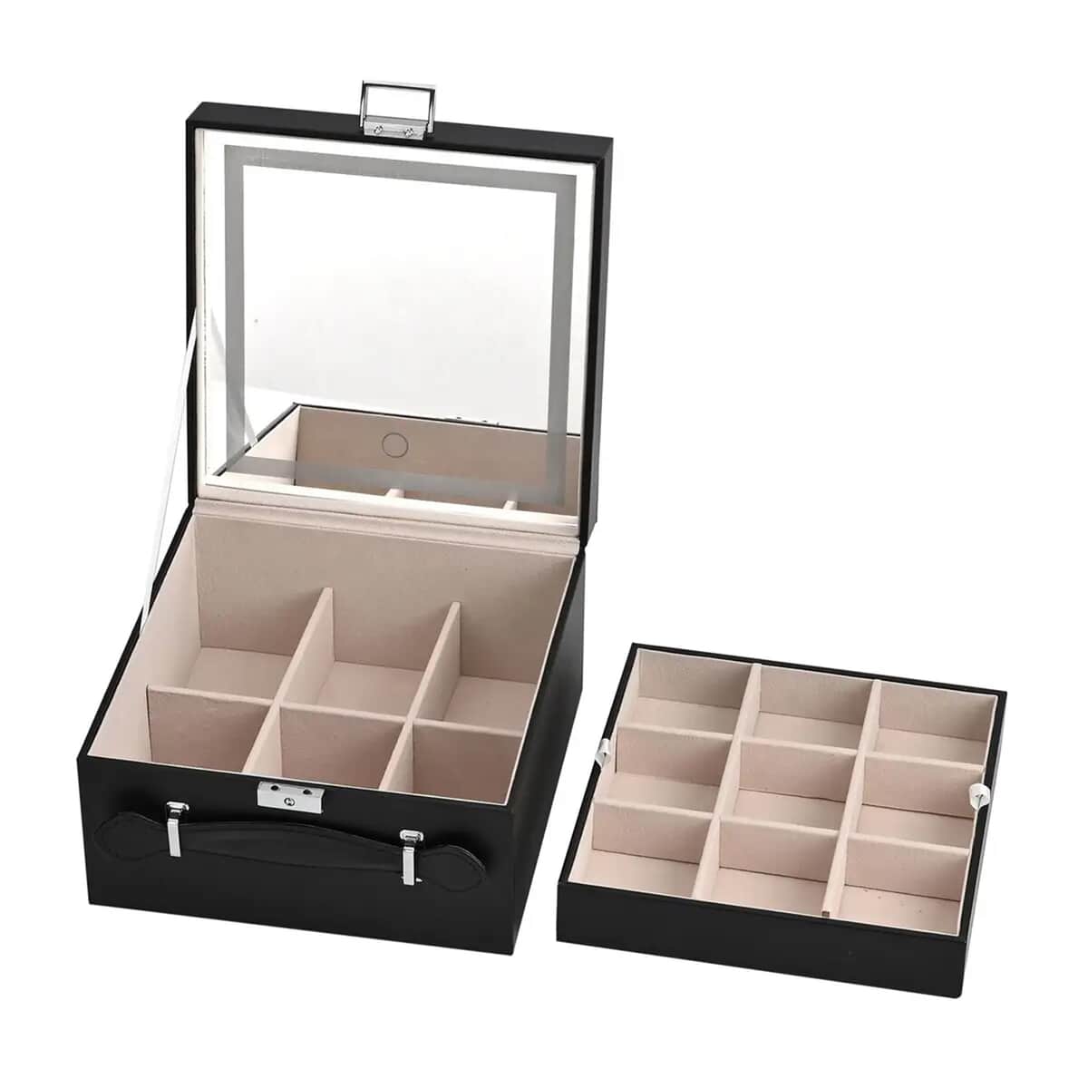 Black Faux Leather USB Rechargeable 2 Layer Jewelry Box with LED Touch Mirror image number 6