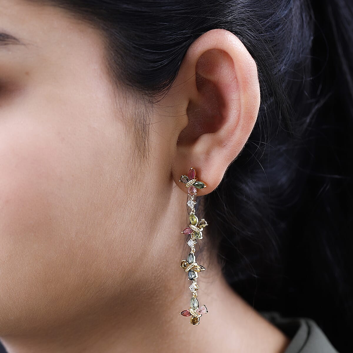 GP Trionfo Collection Premium Multi-Tourmaline and White Zircon Earrings in Vermeil Yellow Gold Over Sterling Silver 5.50 ctw image number 2
