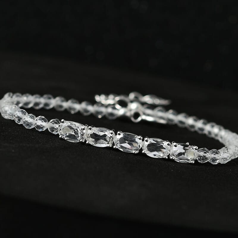White Topaz Beaded Bracelet in Sterling Silver (6.50-8.0In) 12.60 ctw