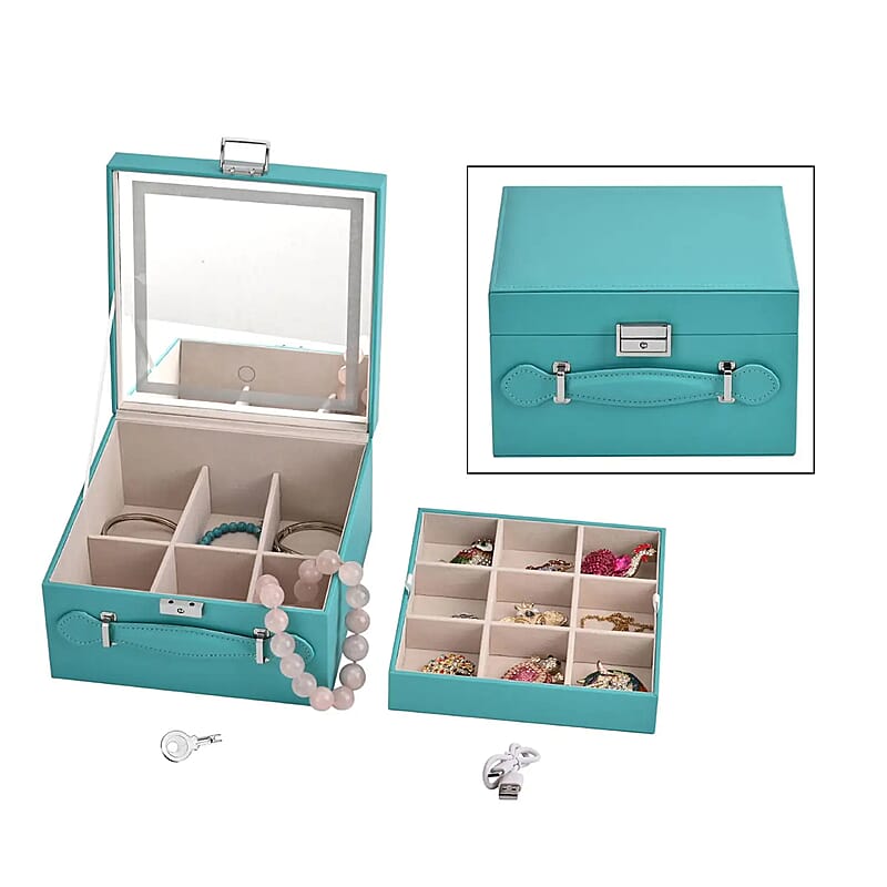 Turquoise Blue Faux Leather USB Rechargeable 2 Layer Jewelry Box with LED Touch Mirror