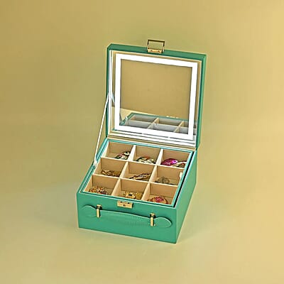 Turquoise Blue Faux Leather USB Rechargeable 2 Layer Jewelry Box with LED Touch Mirror