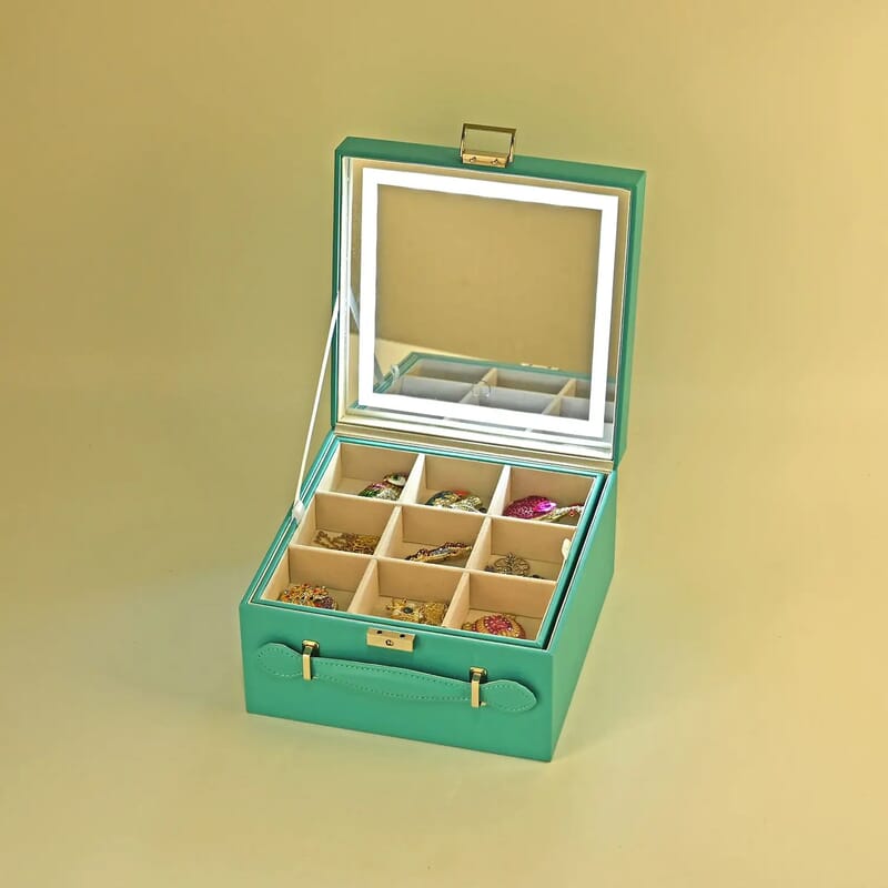 Turquoise Blue Faux Leather USB Rechargeable 2 Layer Jewelry Box with LED Touch Mirror