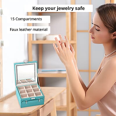 Turquoise Blue Faux Leather USB Rechargeable 2 Layer Jewelry Box with LED Touch Mirror