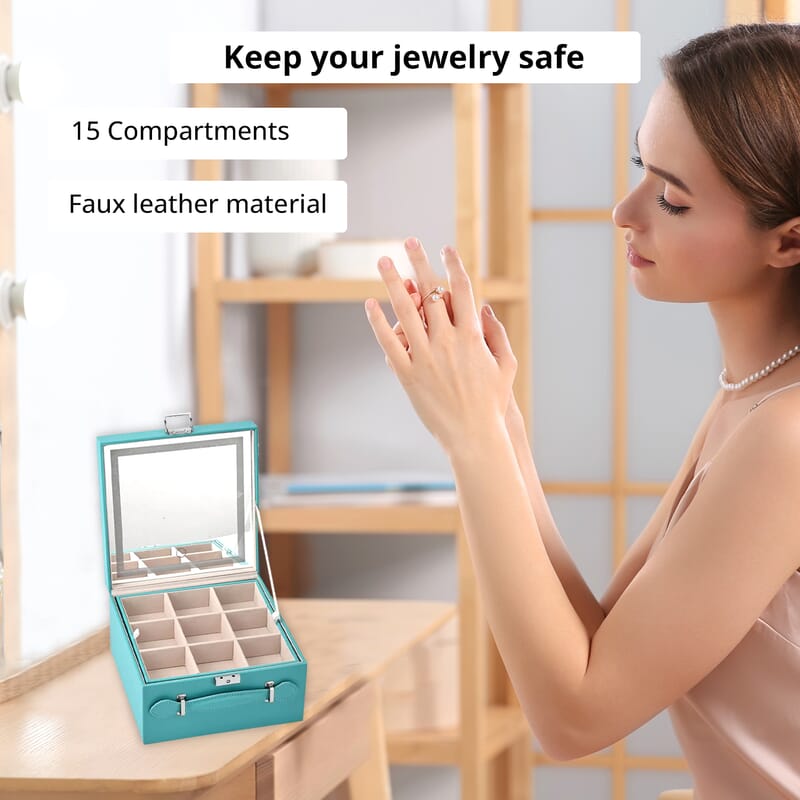 Turquoise Blue Faux Leather USB Rechargeable 2 Layer Jewelry Box with LED Touch Mirror