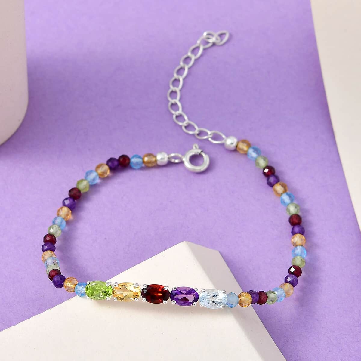 Multi Gemstone Beaded Bracelet in Sterling Silver (6.50-8.00In) 12.35 ctw image number 1