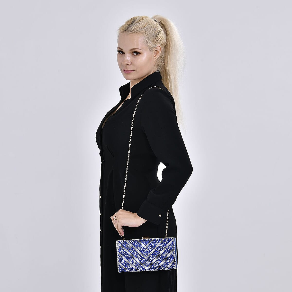 Blue Sparkling Clutch Bag with Chain Strap image number 1