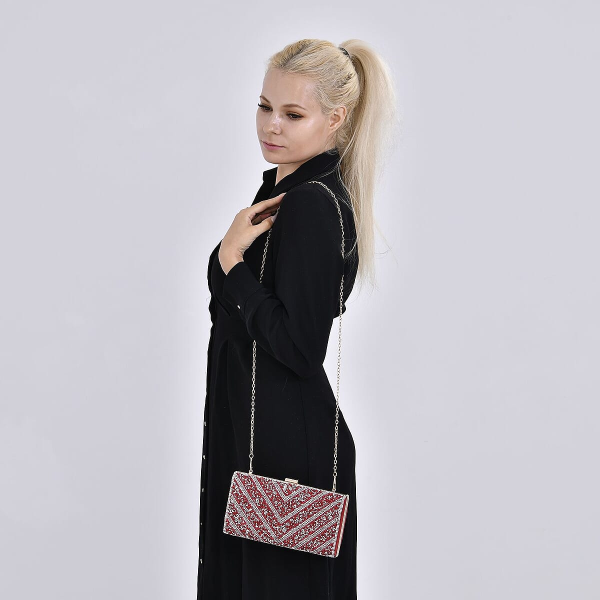 Red Sparkling Clutch Bag with Chain Strap image number 1