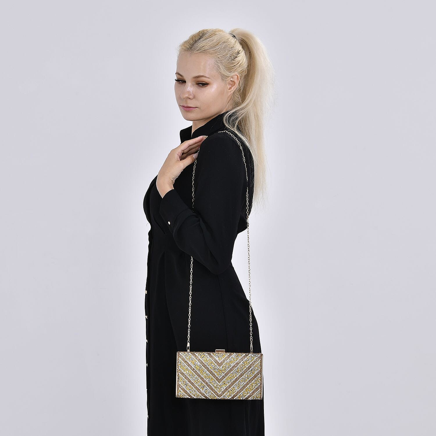 Gold Sparkling Clutch Bag with Chain Strap