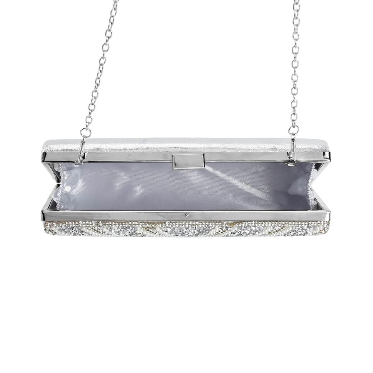 Silver Sparkling Clutch Bag with Chain Strap image number 4