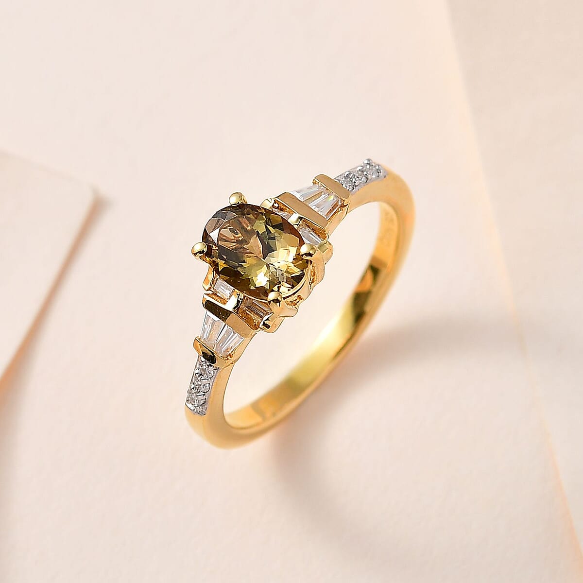 Golden Tanzanite and Moissanite Ring in Vermeil Yellow Gold Over Sterling Silver (Size 5.0) 1.00 ctw image number 1
