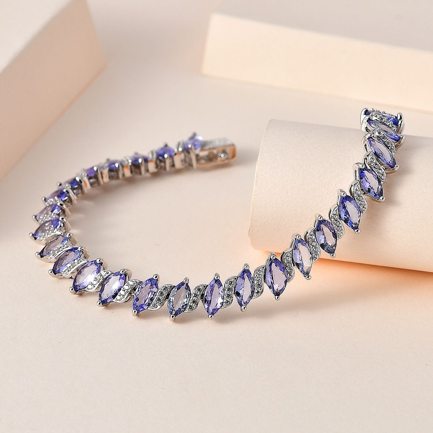 Tanzanite and White Zircon Bracelet in Platinum Over Sterling Silver (7.25 In) 14.50 ctw