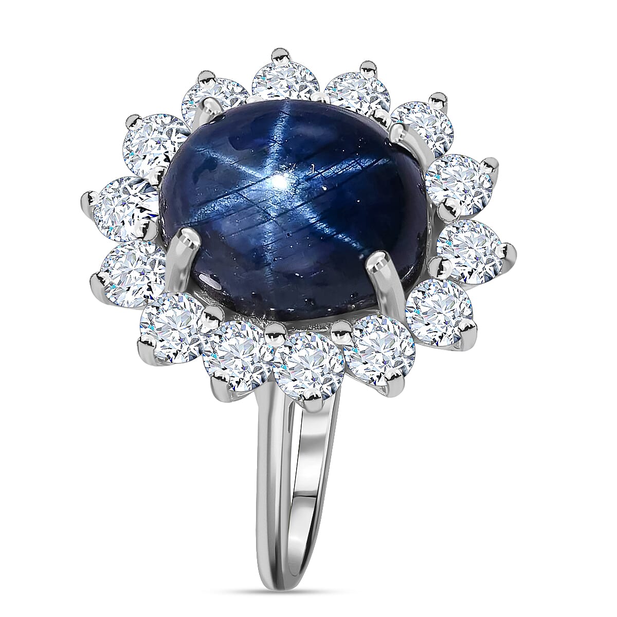 Luxoro 10K White Gold Premium Blue Star Sapphire (DF) and Moissanite Sunburst Ring 9.00 ctw image number 2