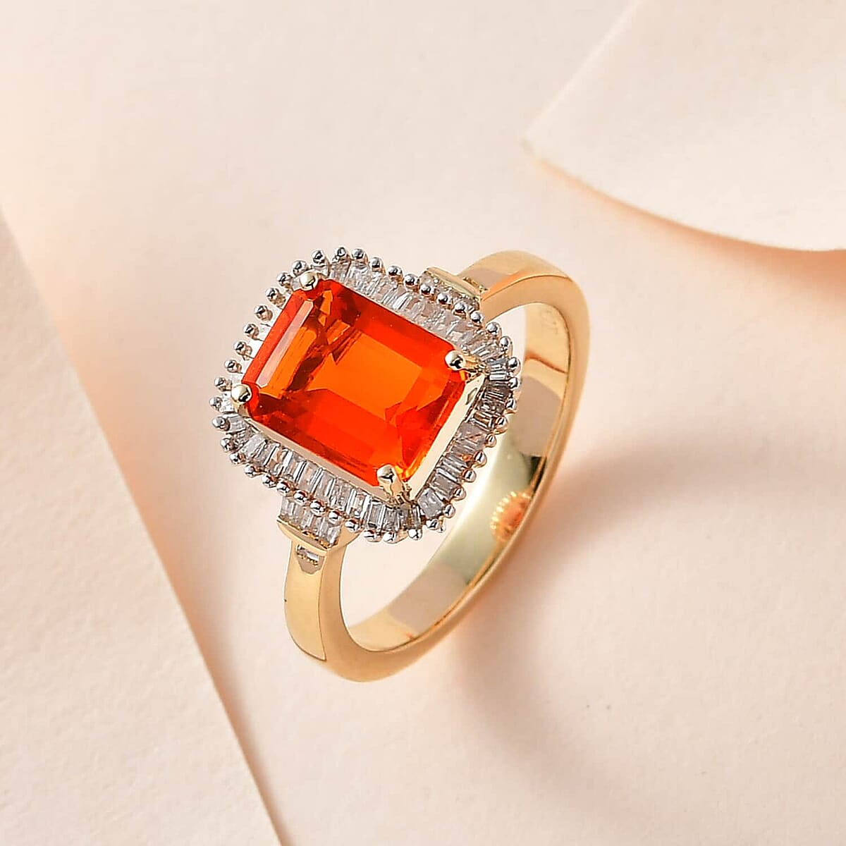 Luxoro 10K Yellow Gold AAA Mexican Fire Opal and G-H I3 Diamond Halo Ring 1.90 ctw image number 1