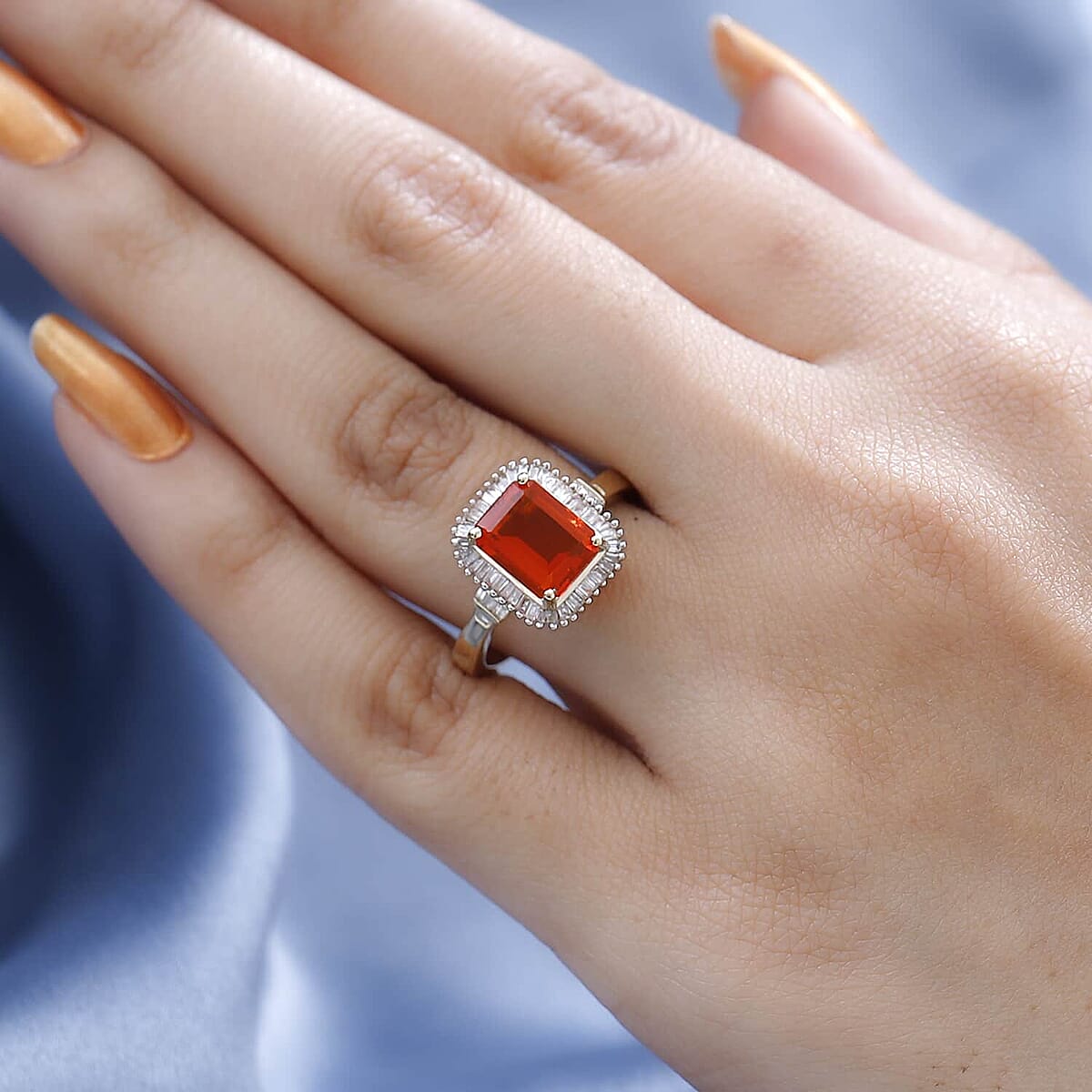 Luxoro 10K Yellow Gold AAA Mexican Fire Opal and G-H I3 Diamond Halo Ring 1.90 ctw image number 2