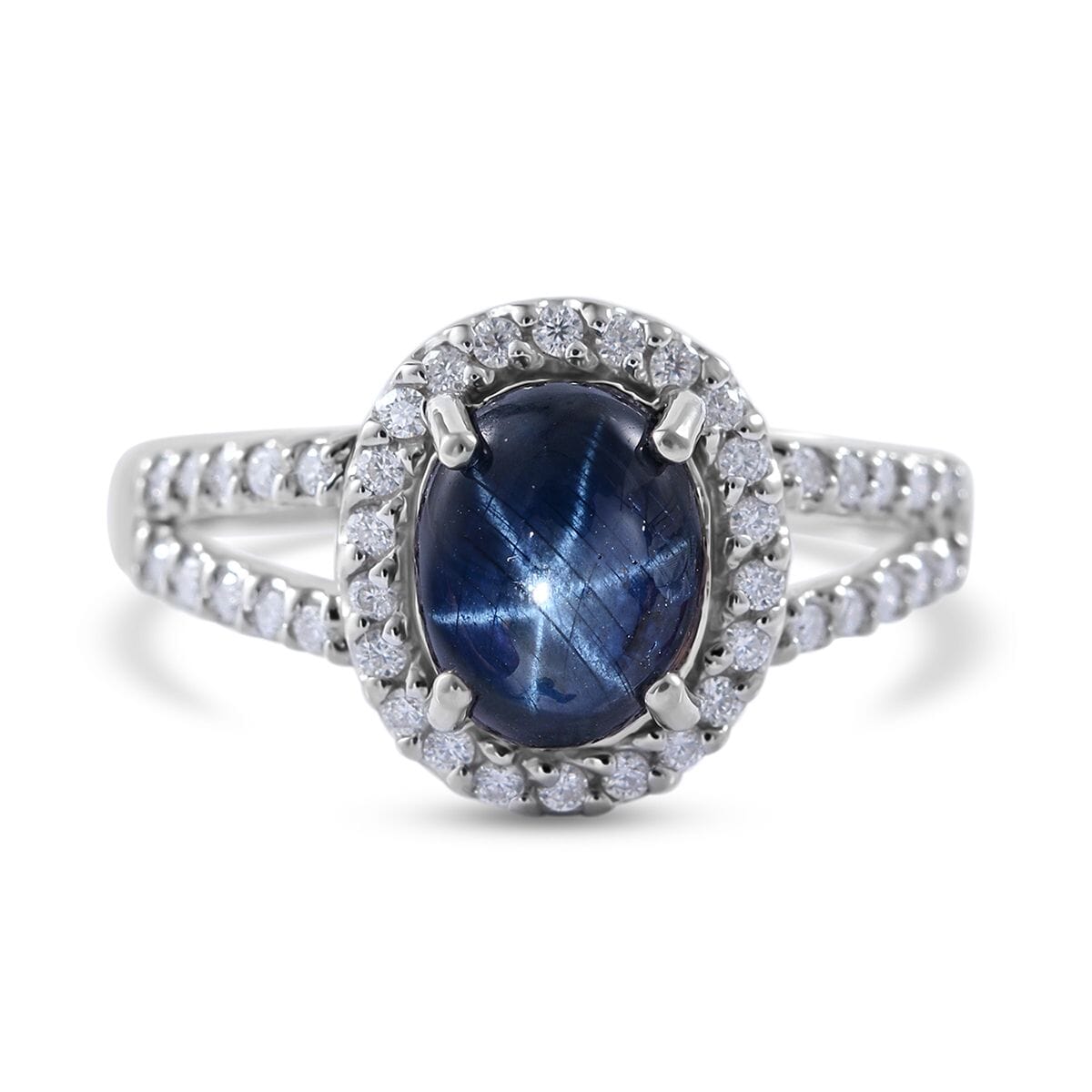 Blue Star Sapphire (DF) and Moissanite Split Shank Halo Ring in Platinum Over Sterling Silver 3.50 ctw image number 0