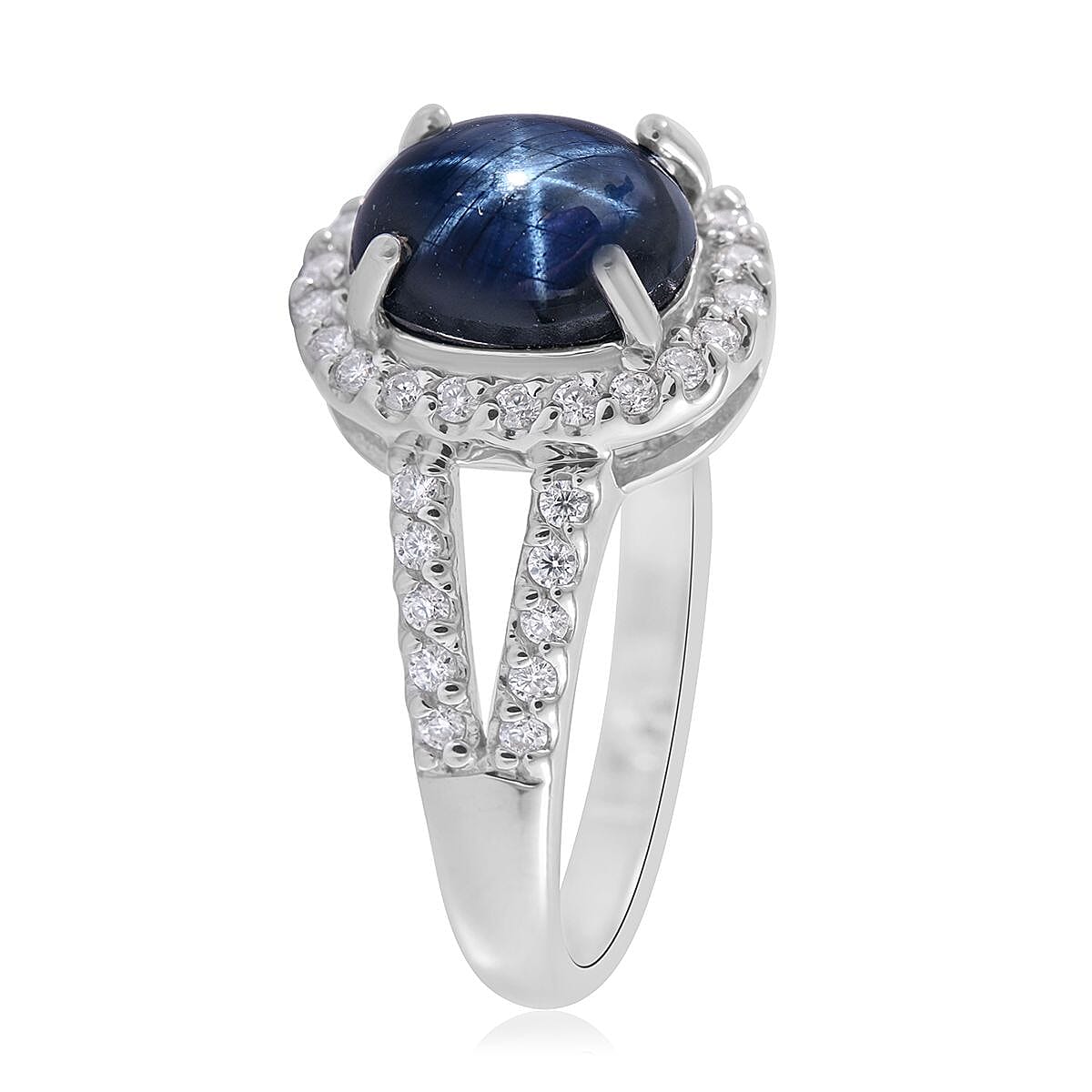 Blue Star Sapphire (DF) and Moissanite Split Shank Halo Ring in Platinum Over Sterling Silver (Size 10.0) 3.50 ctw
