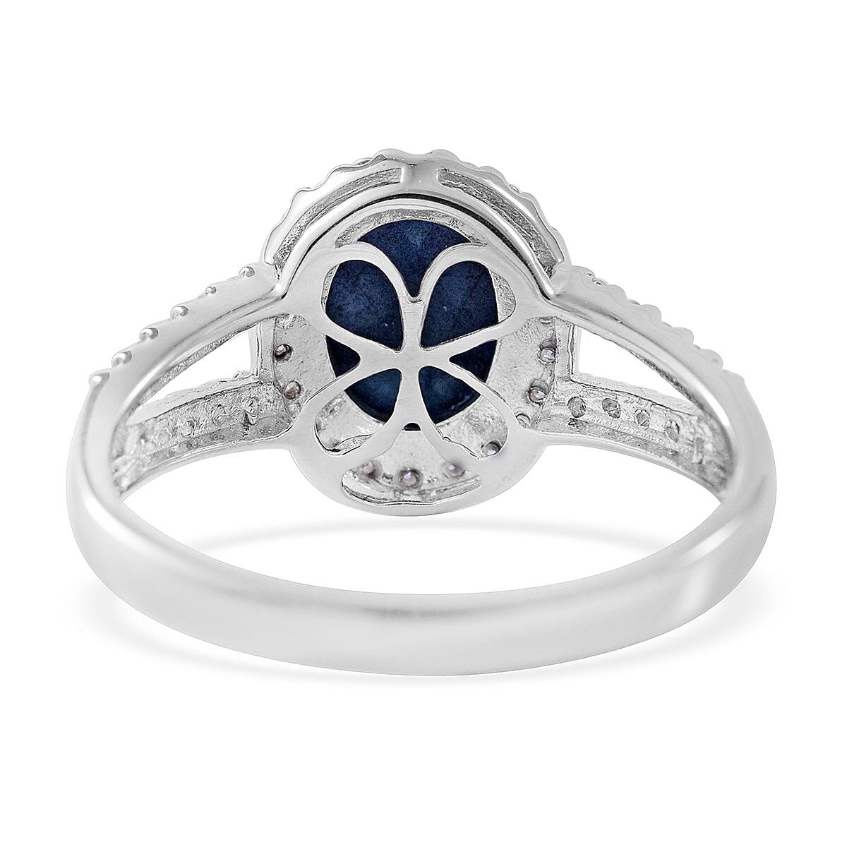 Blue Star Sapphire (DF) and Moissanite Split Shank Halo Ring in Platinum Over Sterling Silver (Size 10.0) 3.50 ctw
