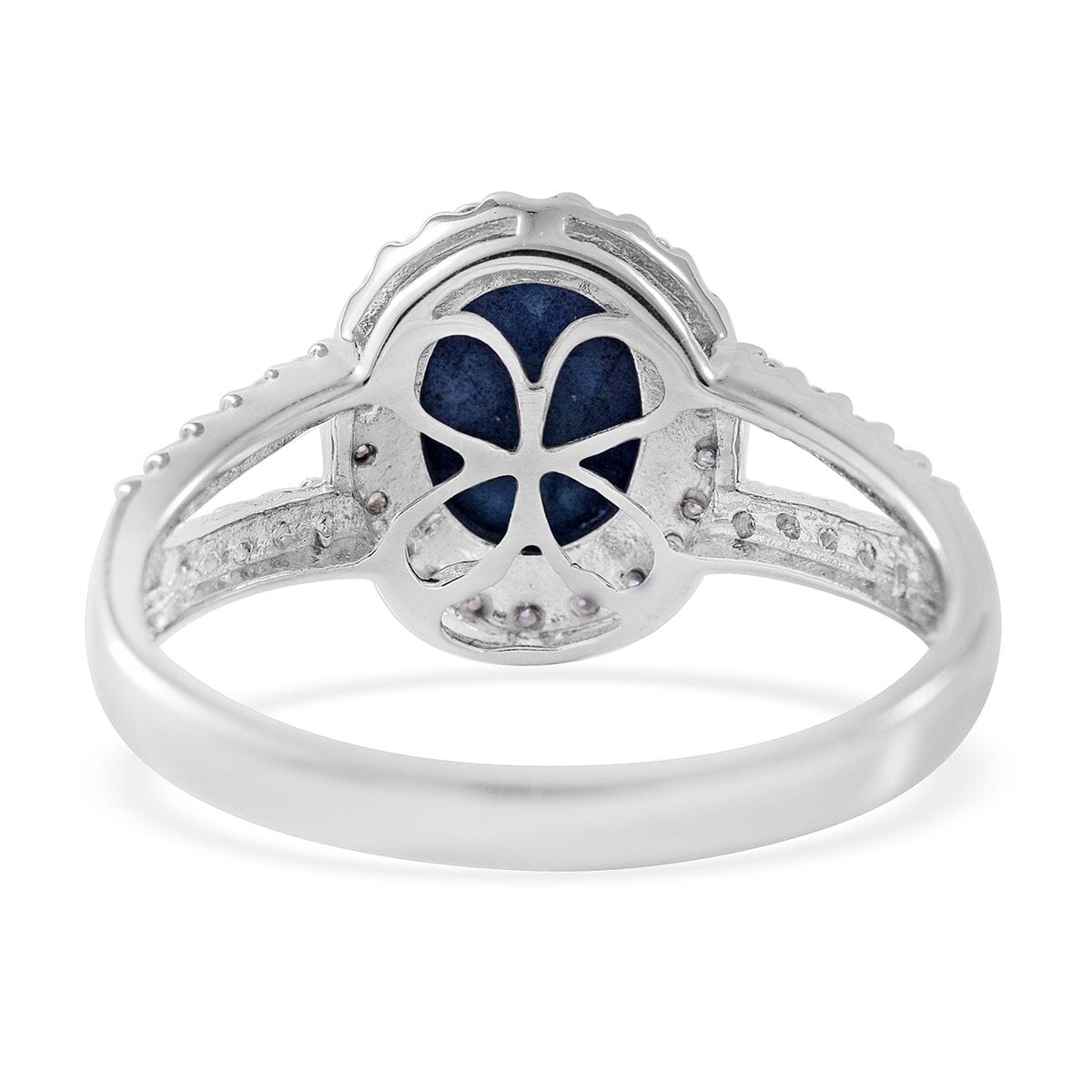 Blue Star Sapphire (DF) and Moissanite Split Shank Halo Ring in Platinum Over Sterling Silver 3.50 ctw image number 3