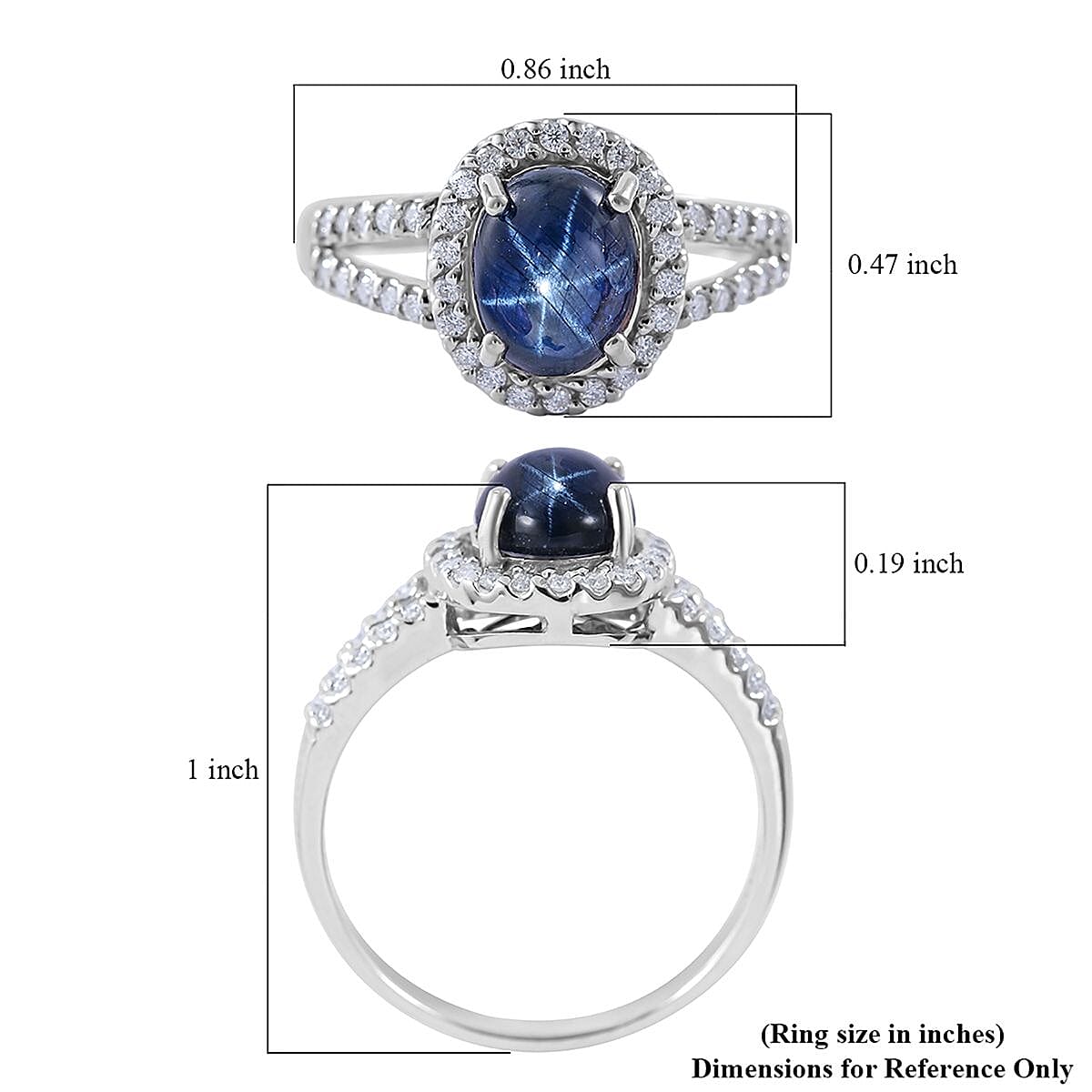 Blue Star Sapphire (DF) and Moissanite Split Shank Halo Ring in Platinum Over Sterling Silver (Size 10.0) 3.50 ctw