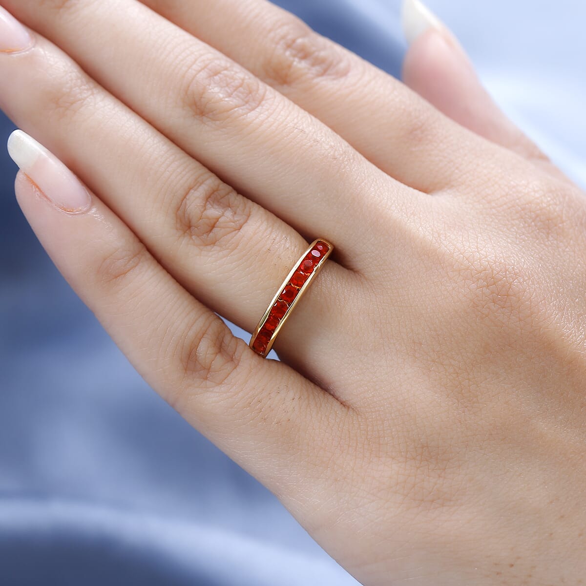 Mexican Fire Opal Half Eternity Band Ring in Vermeil Yellow Gold Over Sterling Silver 0.40 ctw image number 2