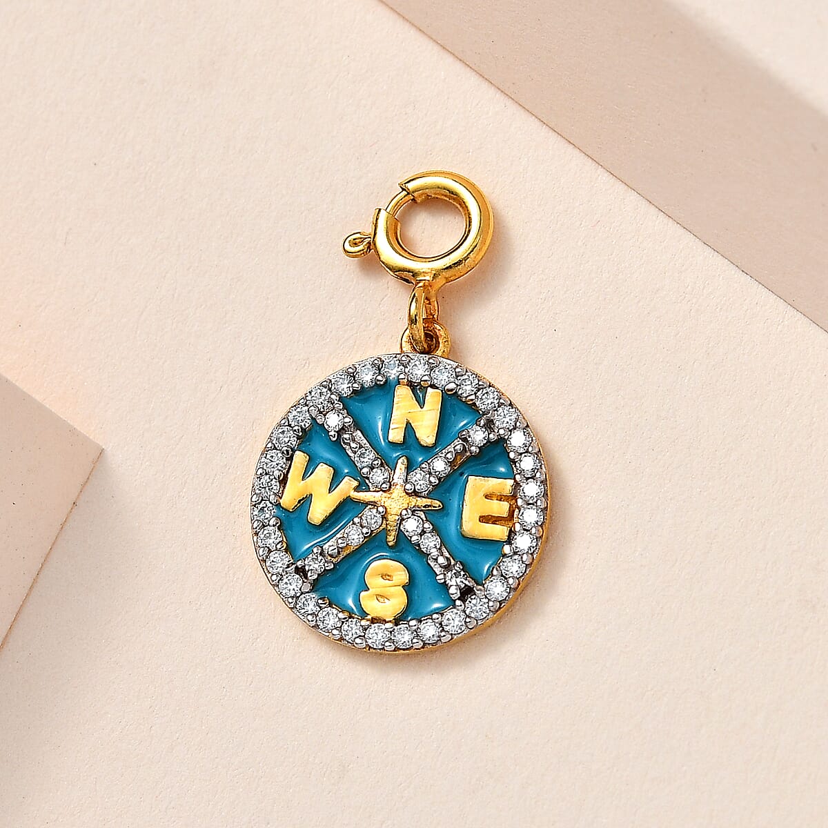 Moissanite Enameled Celestial Medallion Compass Charm in Vermeil Yellow Gold Over Sterling Silver 0.25 ctw image number 1