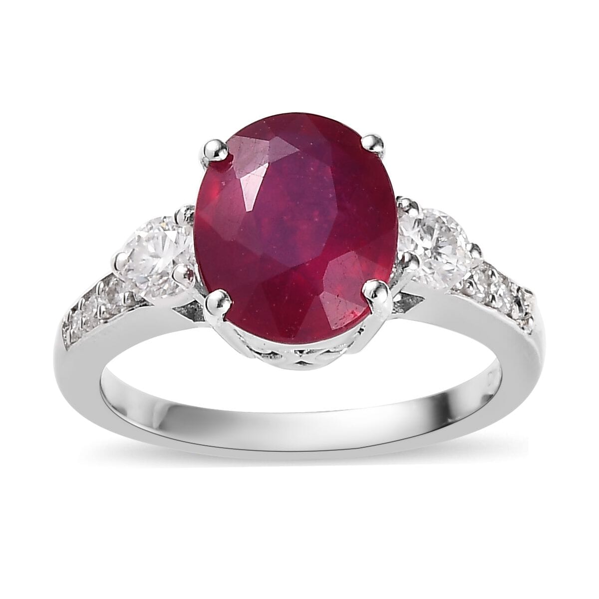 Premium Niassa Ruby (FF), Moissanite Ring in Platinum Over Sterling Silver (Size 6.0) 4.20 ctw image number 0