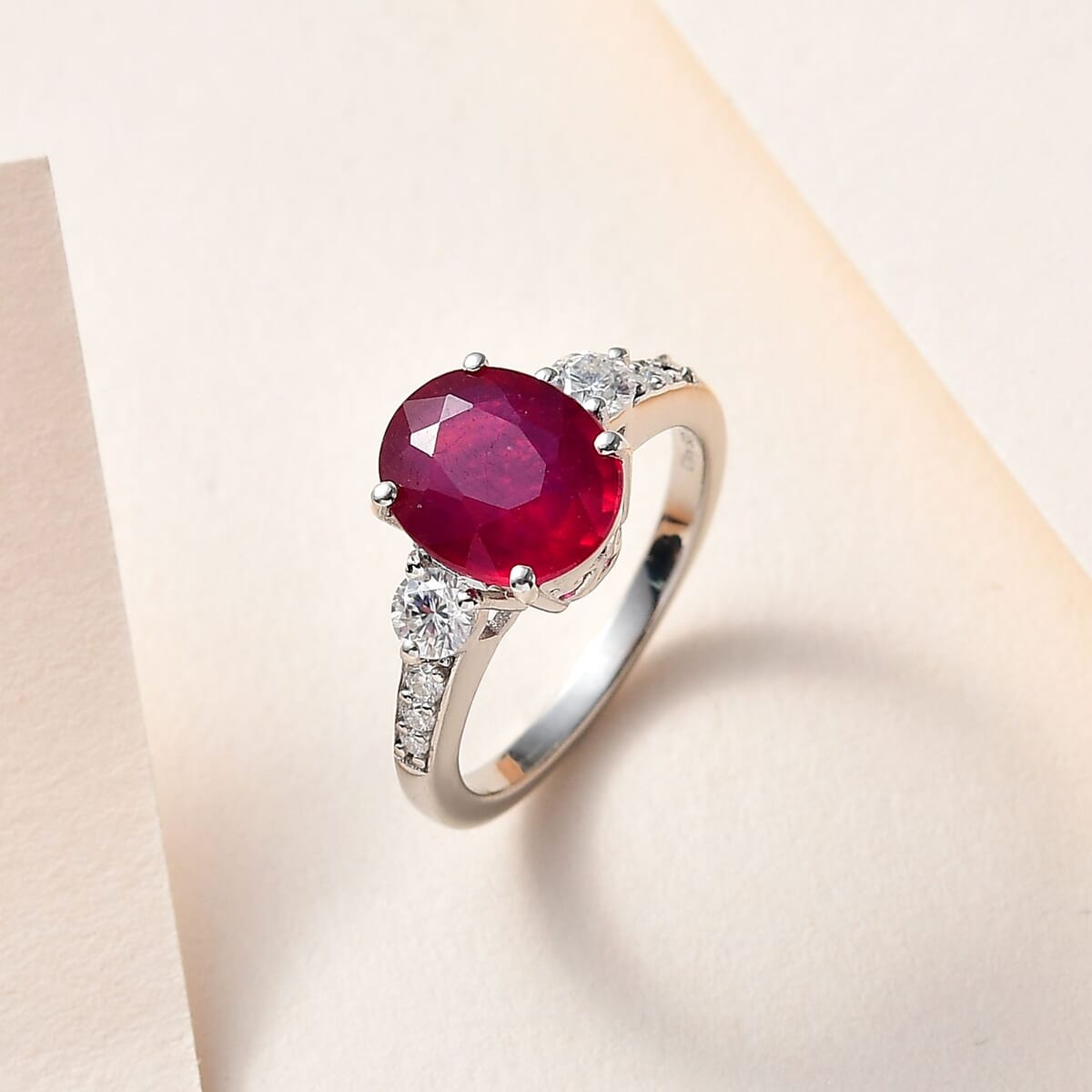 Premium Niassa Ruby (FF), Moissanite Ring in Platinum Over Sterling Silver (Size 6.0) 4.20 ctw image number 1