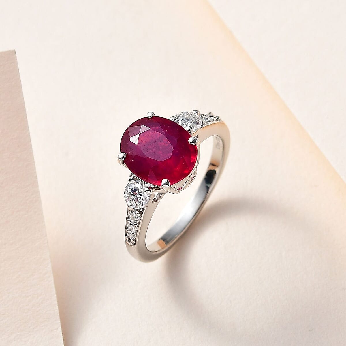 Premium Niassa Ruby (FF) and Moissanite Ring in Platinum Over Sterling Silver (Size 7.0) 4.20 ctw image number 1
