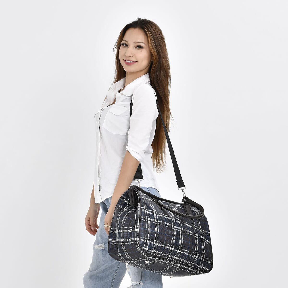 Passage Black with Checked Print Travel Bag with Shoulder Strap image number 1
