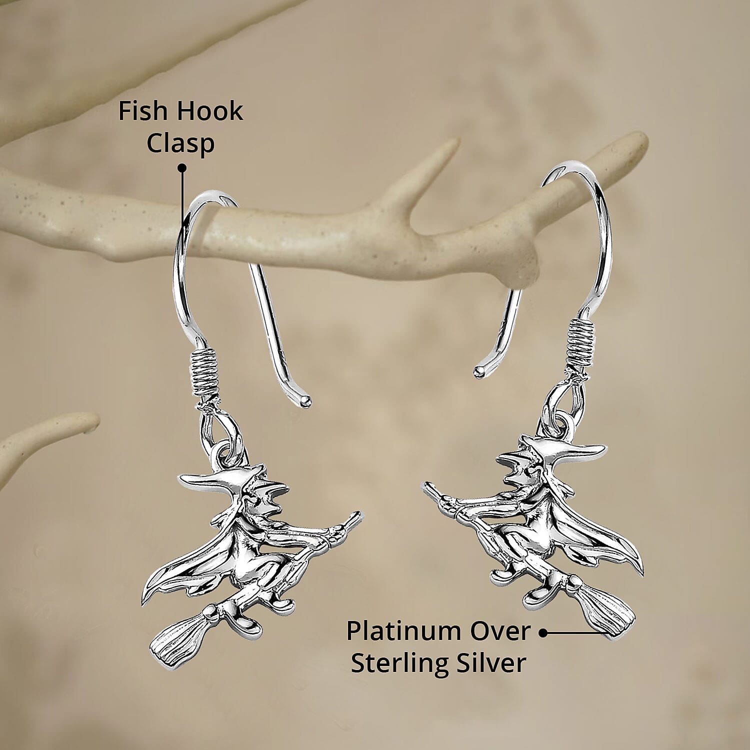 Platinum Over Sterling Silver Halloween Witch Earrings 3.50 Grams