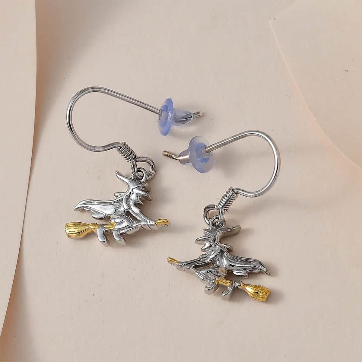 14K Yellow Gold Over and Sterling Silver Halloween Witch Earrings 3.50 Grams image number 1