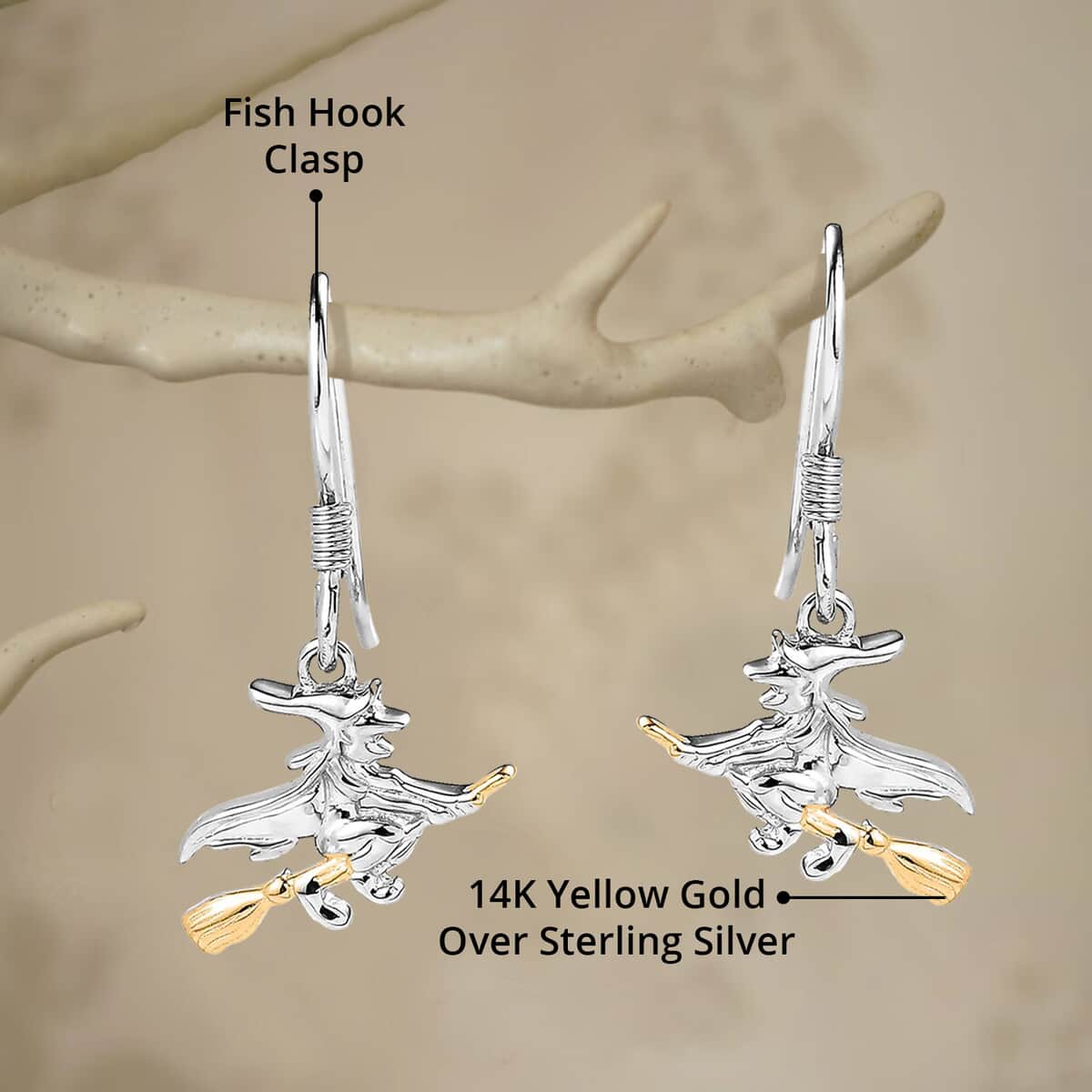 14K Yellow Gold Over and Sterling Silver Halloween Witch Earrings 3.50 Grams image number 4
