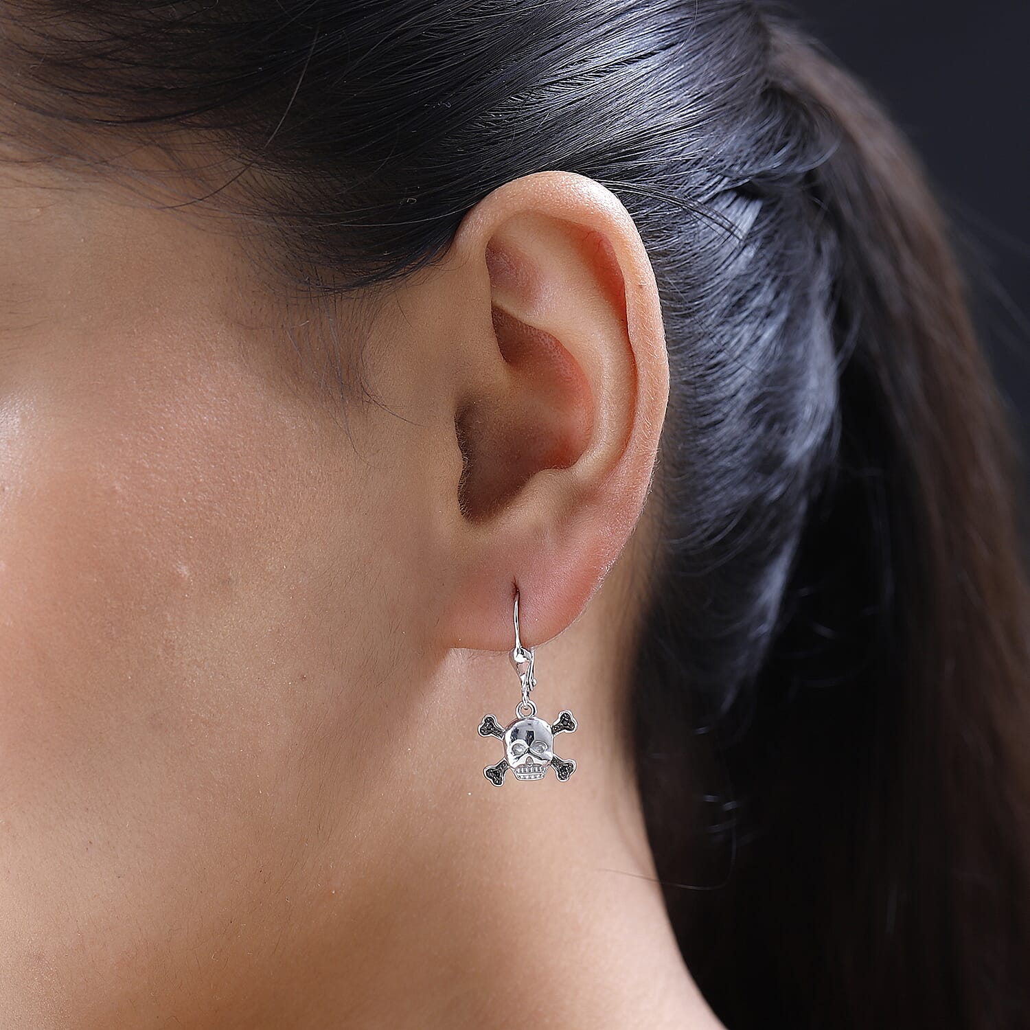 Thai Black Spinel Halloween Skull Earrings in Platinum Over Sterling Silver 0.15 ctw