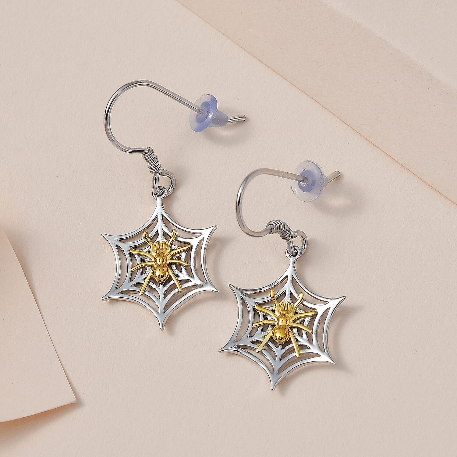 14K Yellow Gold and Platinum Over Sterling Silver Halloween Spider Web Earrings 3.40 Grams