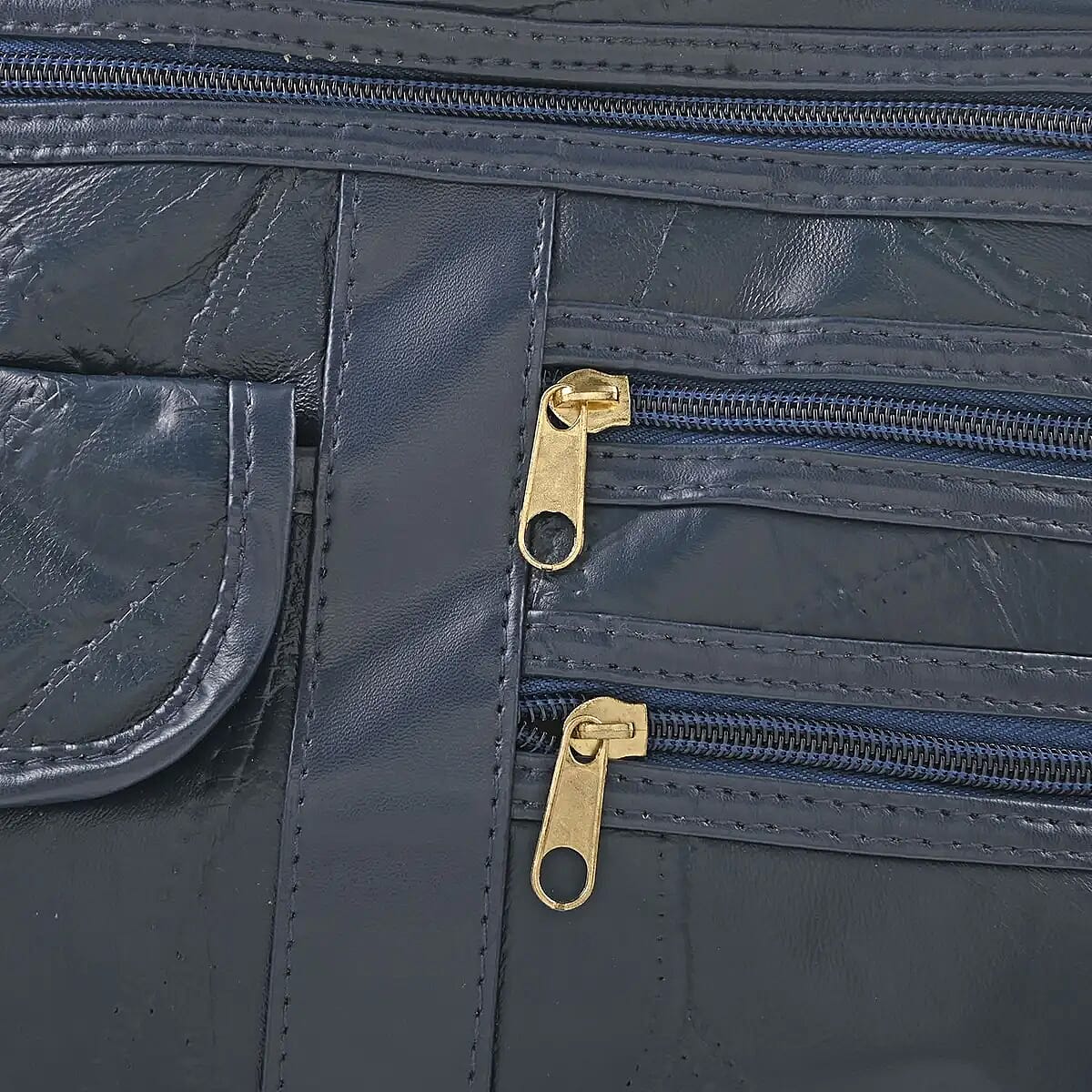 Blue Patch Leather Tote Bag Body with Faux Leather Trim
