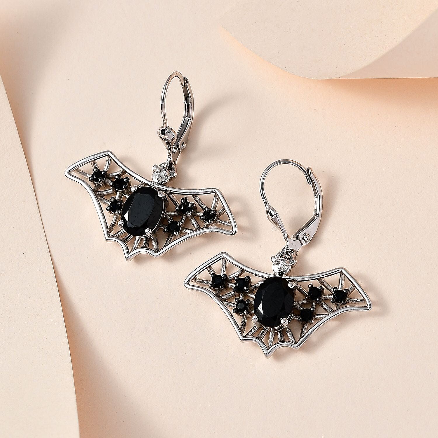 Thai Black Spinel Halloween Bat Earrings in Platinum Over Sterling Silver 3.70 ctw