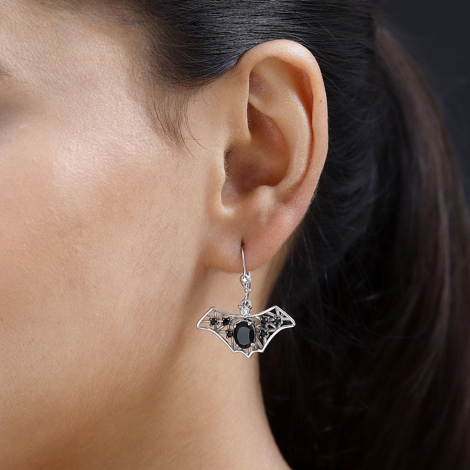 Thai Black Spinel Halloween Bat Earrings in Platinum Over Sterling Silver 3.70 ctw