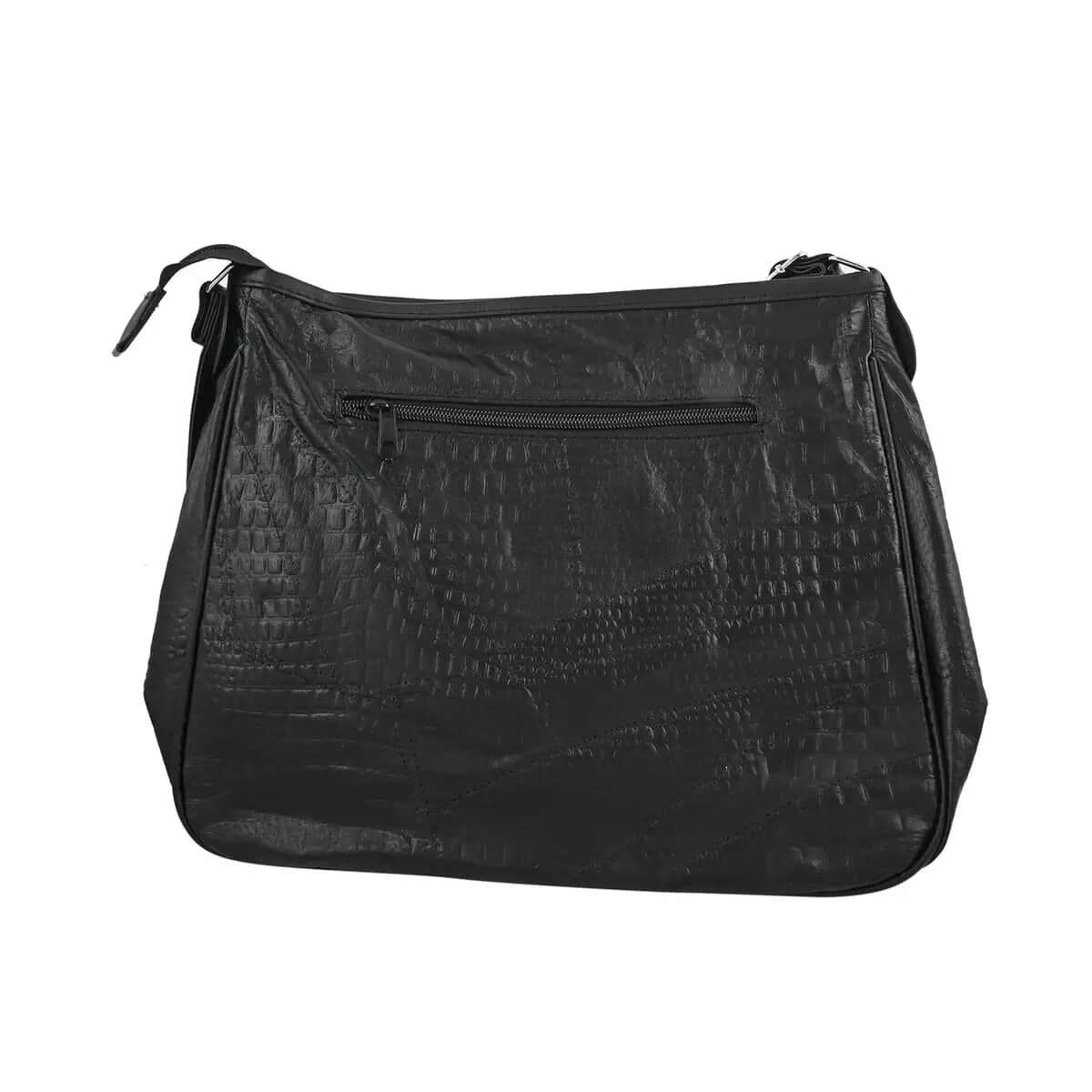 Black Crocodile Embossed Patch Leather Crossbody Bag Body with Faux Leather Trim image number 5