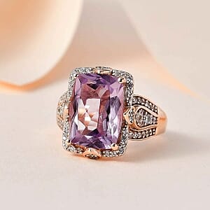 Rose De France Amethyst and White Zircon 7.59 ctw Ring in 14K RG Over Sterling Silver (Size 10)