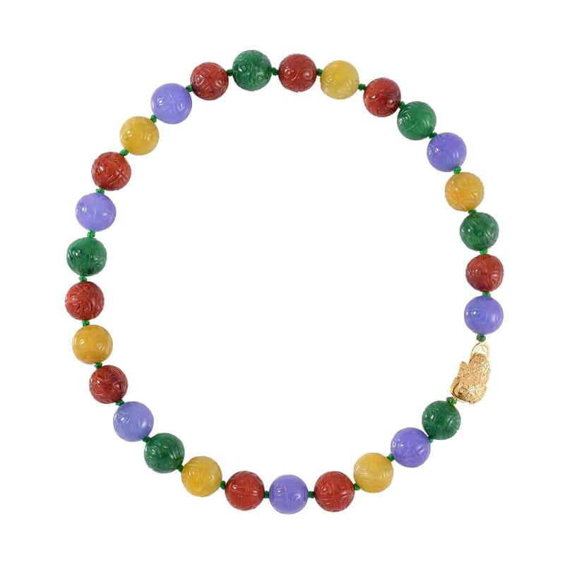 Multi Color Jade Beaded Necklace, Dragon Frog Motif Necklace, 18 Inch Vermeil Yellow Gold Over Sterling Silver Necklace, Jade Jewelry 660.00 ctw