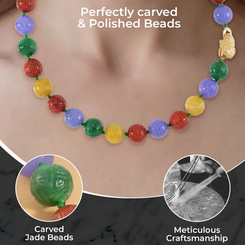 Multi Color Jade Beaded Necklace, Dragon Frog Motif Necklace, 18 Inch Vermeil Yellow Gold Over Sterling Silver Necklace, Jade Jewelry 660.00 ctw