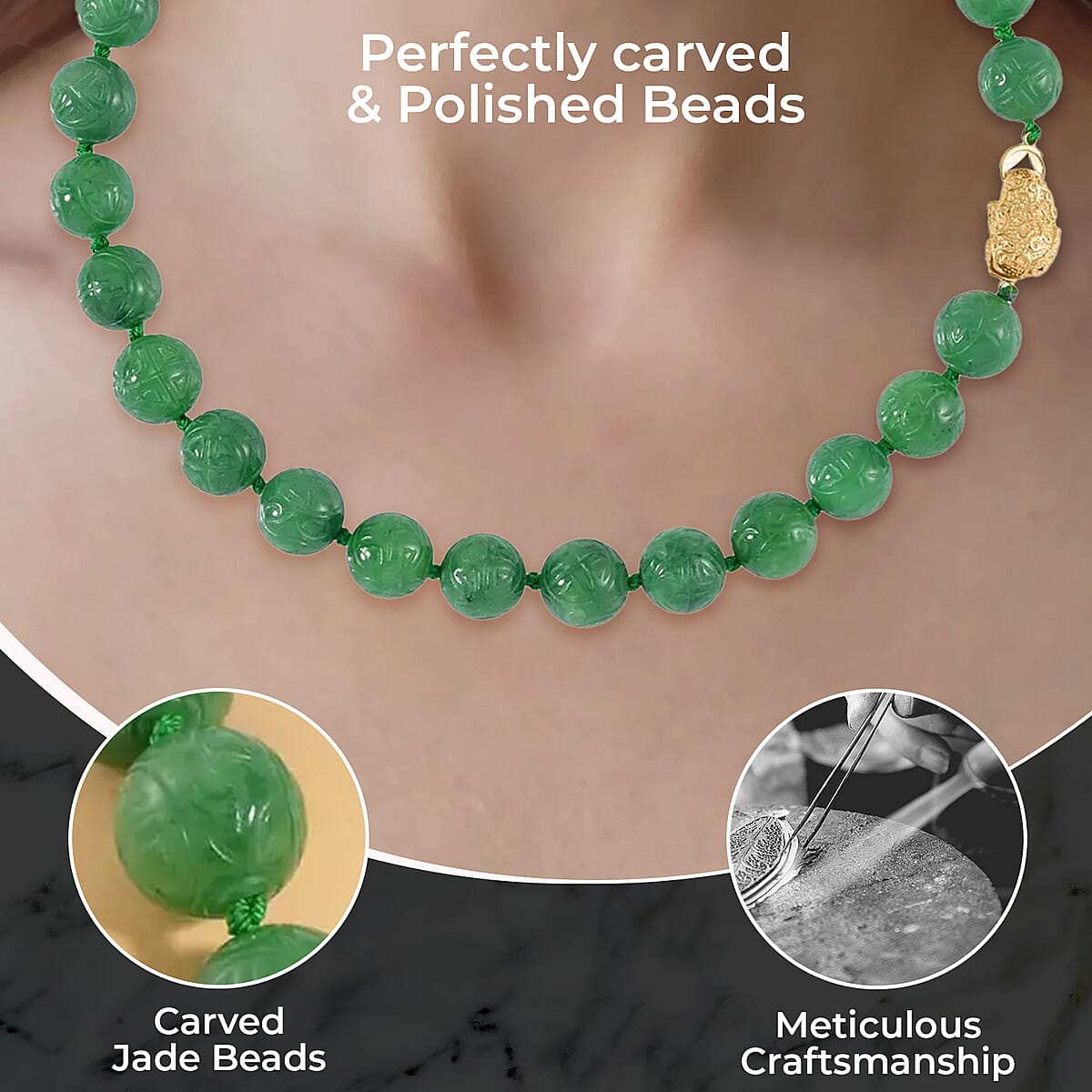 Green Jade Beaded Necklace, Dragon Frog Motif Necklace, 18 Inch Vermeil Yellow Gold Over Sterling Silver Necklace, Jade Jewelry 670.40 ctw image number 2